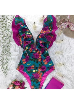 Jednoczęściowy strój kąpielowy w kwiaty z falbanami - Fioletowy / S ze sklepu Lovita.pl w kategorii Stroje kąpielowe - zdjęcie 160930722