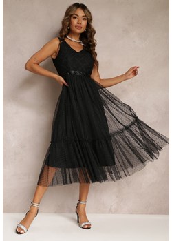 Czarna Taliowana Sukienka Midi z Ozdobną Siateczką Celerise ze sklepu Renee odzież w kategorii Sukienki - zdjęcie 160936204
