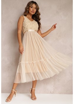 Beżowa Taliowana Sukienka Midi z Ozdobną Siateczką Celerise ze sklepu Renee odzież w kategorii Sukienki - zdjęcie 160936214