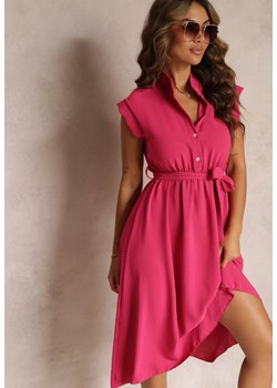 Fuksjowa Sukienka Midi z Guzikami i Materiałowym Paskiem Nylalik ze sklepu Renee odzież w kategorii Sukienki - zdjęcie 160936331