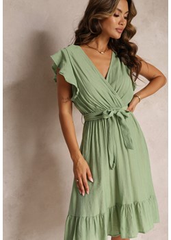 Zielona Rozkloszowana Sukienka z Gumką w Pasie i Kopertowym Dekoltem Araunya ze sklepu Renee odzież w kategorii Sukienki - zdjęcie 160967170