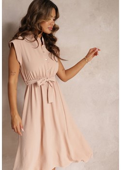 Różowa Sukienka Midi z Guzikami i Materiałowym Paskiem Nylalik ze sklepu Renee odzież w kategorii Sukienki - zdjęcie 160967331