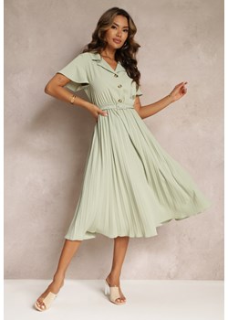 Zielona Retro Sukienka Midi z Plisowaniem i Paskiem na Klamrę Elinerise ze sklepu Renee odzież w kategorii Sukienki - zdjęcie 160967343