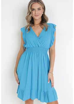 Niebieska Rozkloszowana Wiskozowa Sukienka Mini z Ozdobnymi Falbankami Onera ze sklepu Born2be Odzież w kategorii Sukienki - zdjęcie 160970574