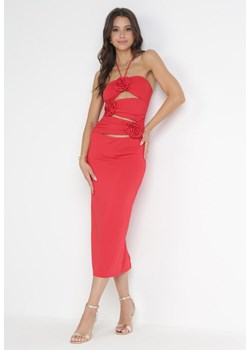 Czerwona Wiązana Midi Sukienka z Wycięciami i Aplikacjami z Materiału Cherice ze sklepu Born2be Odzież w kategorii Sukienki - zdjęcie 160972674