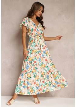 Beżowa Rozkloszowana Sukienka Maxi w Kwiaty Moirane ze sklepu Renee odzież w kategorii Sukienki - zdjęcie 160973033