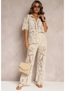 Beżowe Szerokie Spodnie Szydełkowe Giddia ze sklepu Renee odzież w kategorii Spodnie damskie - zdjęcie 160973063