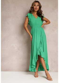 Zielona Kopertowa Sukienka z Wiskozy Ozdobiona Falbanką Carnovie ze sklepu Renee odzież w kategorii Sukienki - zdjęcie 160973083