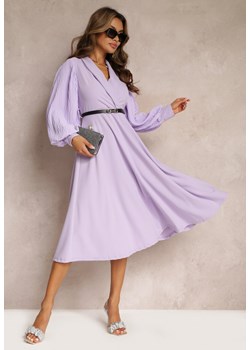 Fioletowa Rozkloszowana Sukienka z Paskiem i Długim Rękawem Malaiyah ze sklepu Renee odzież w kategorii Sukienki - zdjęcie 160973133