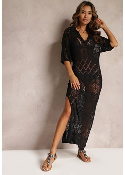 Czarna Szydełkowa Sukienka Pudełkowa z Rozcięciem Sanzari ze sklepu Renee odzież w kategorii Sukienki - zdjęcie 161011710