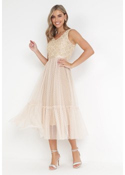 Beżowa Rozkloszowana Sukienka Midi z Ozdobnym Tiulem Celaina ze sklepu Born2be Odzież w kategorii Sukienki - zdjęcie 161013381