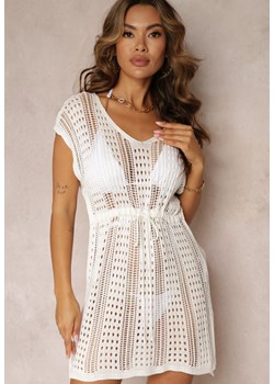 Biała Narzutka Sukienka Mini z Szydełkowej Tkaniny Ozdobiona Rozcięciami i Troczkiem w Pasie Bergamini ze sklepu Renee odzież w kategorii Odzież plażowa - zdjęcie 161037562