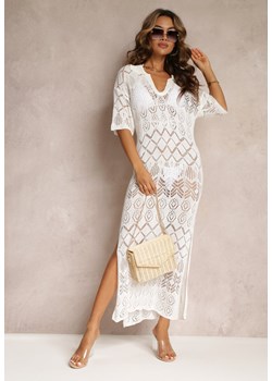 Biała Szydełkowa Sukienka Pudełkowa z Rozcięciem Sanzari ze sklepu Renee odzież w kategorii Sukienki - zdjęcie 161037572
