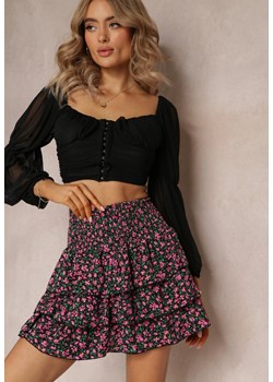 Czarno-Różowa Rozkloszowana Spódnica Mini w Kwiaty z Gumkami w Talii i Falbanami Ademelina ze sklepu Renee odzież w kategorii Spódnice - zdjęcie 161039700