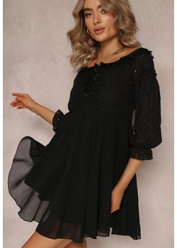 Czarna Sukienka z Rękawami 7/8 i Ozdobną Koronką Cascantha ze sklepu Renee odzież w kategorii Sukienki - zdjęcie 161039750