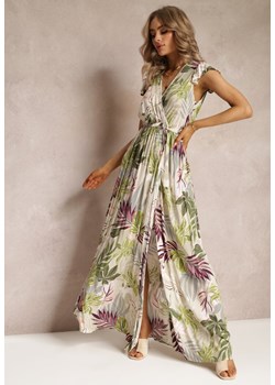Beżowa Rozkloszowana Sukienka Maxi z Wiskozy w Kwiaty Shalu ze sklepu Renee odzież w kategorii Sukienki - zdjęcie 161042573