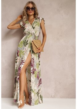 Beżowa Rozkloszowana Sukienka Maxi z Wiskozy w Kwiaty Shalu ze sklepu Renee odzież w kategorii Sukienki - zdjęcie 161042574
