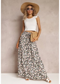 Czarna Bawełniana Spódnica Maxi z Troczkiem i Printem w Kwiaty Yibji ze sklepu Renee odzież w kategorii Spódnice - zdjęcie 161042623