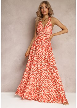 Pomarańczowa Rozkloszowana Sukienka Bawełniana Maxi z Wiązaniem na Szyi Vantina ze sklepu Renee odzież w kategorii Sukienki - zdjęcie 161042653