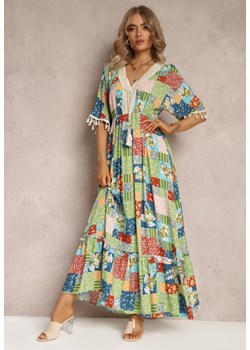 Zielona Rozkloszowana Sukienka Maxi z Falbanką w Patchworkowy Wzór Fiorella ze sklepu Renee odzież w kategorii Sukienki - zdjęcie 161042693