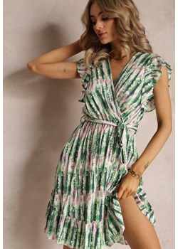 Zielona Sukienka Midi z Wiskozy o Kopertowym Kroju z Gumką w Pasie i Falbankami Aking ze sklepu Renee odzież w kategorii Sukienki - zdjęcie 161042703