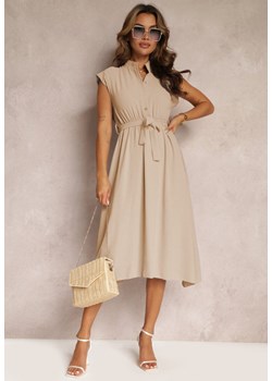 Beżowa Sukienka Midi z Guzikami i Materiałowym Paskiem Nylalik ze sklepu Renee odzież w kategorii Sukienki - zdjęcie 161042723