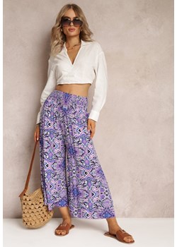 Fioletowe Szerokie Spodnie w Fantazyjny Print o Długości 7/8 Saru ze sklepu Renee odzież w kategorii Spodnie damskie - zdjęcie 161042743