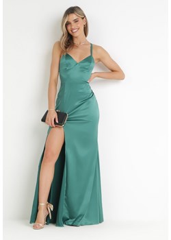 Zielona Satynowa Sukienka Maxi z Ukrytym Suwakiem na Cienkich Ramiączkach Jermela ze sklepu Born2be Odzież w kategorii Sukienki - zdjęcie 161055542