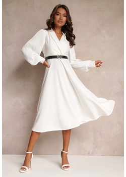 Biała Rozkloszowana Sukienka z Paskiem i Długim Rękawem Malaiyah ze sklepu Renee odzież w kategorii Sukienki - zdjęcie 161055690
