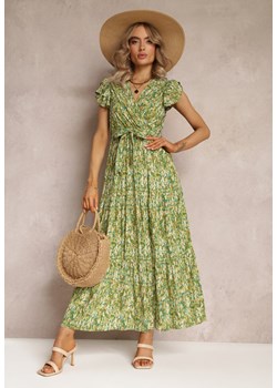 Zielona Rozkloszowana Sukienka z Gumką w Talii i Falbanką Samat ze sklepu Renee odzież w kategorii Sukienki - zdjęcie 161055892