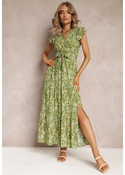 Zielona Rozkloszowana Sukienka z Gumką w Talii i Falbanką Samat ze sklepu Renee odzież w kategorii Sukienki - zdjęcie 161055893