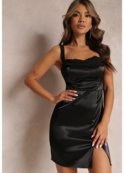 Czarna Mini Sukienka Dopasowana z Rozcięciem na Nodze i Suwakiem Siendalice ze sklepu Renee odzież w kategorii Sukienki - zdjęcie 161055933