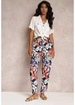 Granatowe Spodnie w Kwiaty z Gumką w Pasie i Prostymi Nogawkami Flosene ze sklepu Renee odzież w kategorii Spodnie damskie - zdjęcie 161056604