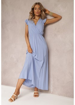 Niebieska Wiskozowa Sukienka z Gumką w Pasie i Kopertowym Dekoltem Hyasine ze sklepu Renee odzież w kategorii Sukienki - zdjęcie 161060420
