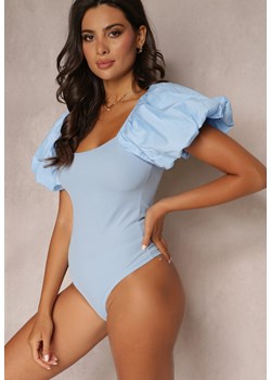 Niebieskie Body z Prążkowanej Tkaniny i Ozdobnymi Bufiastymi Rękawami Lenitte ze sklepu Renee odzież w kategorii Bluzki damskie - zdjęcie 161060574