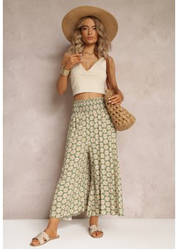 Jasnozielone Szerokie Spodnie z Wiskozy w Kwiaty Ramit ze sklepu Renee odzież w kategorii Spodnie damskie - zdjęcie 161060702