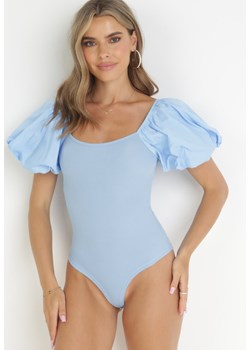 Niebieskie Prążkowane Body z Bufiastymi Rękawami Darcis ze sklepu Born2be Odzież w kategorii Bluzki damskie - zdjęcie 161061060