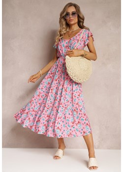 Różowa Wiskozowa Sukienka o Rozkloszowanym Fasonie z Printem w Kwiaty Alonelle ze sklepu Renee odzież w kategorii Sukienki - zdjęcie 161091993