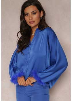 Niebieska Luźna Koszula o Fasonie Nietoperza z Długim Rękawem Ozdobionym Piórami Delizine ze sklepu Renee odzież w kategorii Koszule damskie - zdjęcie 161096641