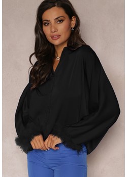 Czarna Luźna Koszula o Fasonie Nietoperza z Długim Rękawem Ozdobionym Piórami Delizine ze sklepu Renee odzież w kategorii Koszule damskie - zdjęcie 161099973