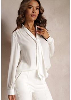 Biała Satynowa Bluzka z Wiskozy z Ozdobnym Krawatem Mercaldo ze sklepu Renee odzież w kategorii Bluzki damskie - zdjęcie 161191361