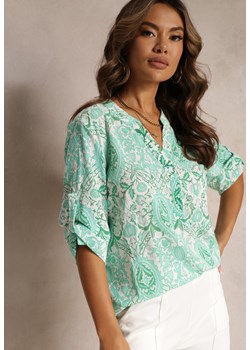 Zielona Bluzka z Trójkątnym Dekoltem w Fantazyjny Print i Rękawem 3/4 Vanel ze sklepu Renee odzież w kategorii Bluzki damskie - zdjęcie 161200332