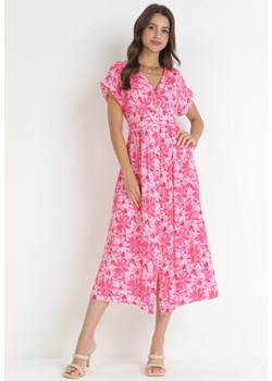 Różowa Rozkloszowana Sukienka Midi z Gumką w Pasie z Wiskozy Quetza ze sklepu Born2be Odzież w kategorii Sukienki - zdjęcie 161221480
