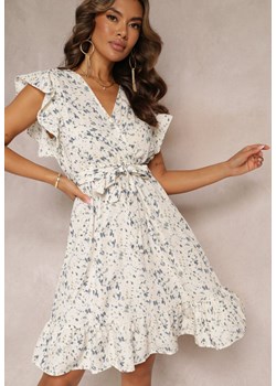 Beżowo-Niebieska Mini Sukienka o Rozkloszofanym Fasonie z Paskiem i Gumką w Talii Irimina ze sklepu Renee odzież w kategorii Sukienki - zdjęcie 161230652