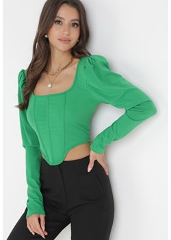 Zielona Bluzka Typu Gorset z Przeszyciami i Marszczeniem Kathilla ze sklepu Born2be Odzież w kategorii Bluzki damskie - zdjęcie 161231983
