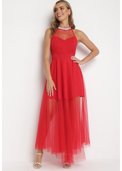 Czerwona Rozkloszowana Sukienka Maxi z Tiulem i Cyrkoniami Lilianie ze sklepu Born2be Odzież w kategorii Sukienki - zdjęcie 161235393