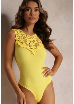 Żółte Body z Koronkową Wstawką Zapinane na Haftki Ayomia ze sklepu Renee odzież w kategorii Bluzki damskie - zdjęcie 161235520