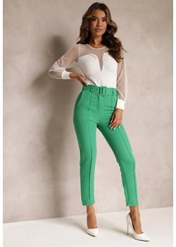 Zielone Dopasowane Spodnie Garniturowe High Waist z Paskiem w Talii Ozdobionym Klamrą Binah ze sklepu Renee odzież w kategorii Spodnie damskie - zdjęcie 161235560