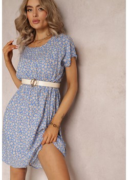 Niebieska Rozkloszowana Sukienka Mini w Kwiaty z Gumką w Pasie z Wiskozy Elineano ze sklepu Renee odzież w kategorii Sukienki - zdjęcie 161243004