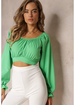 Zielona Krótka Bluzka z Wiązaniem i Hiszpańskim Dekoltem Piorelia ze sklepu Renee odzież w kategorii Bluzki damskie - zdjęcie 161263404